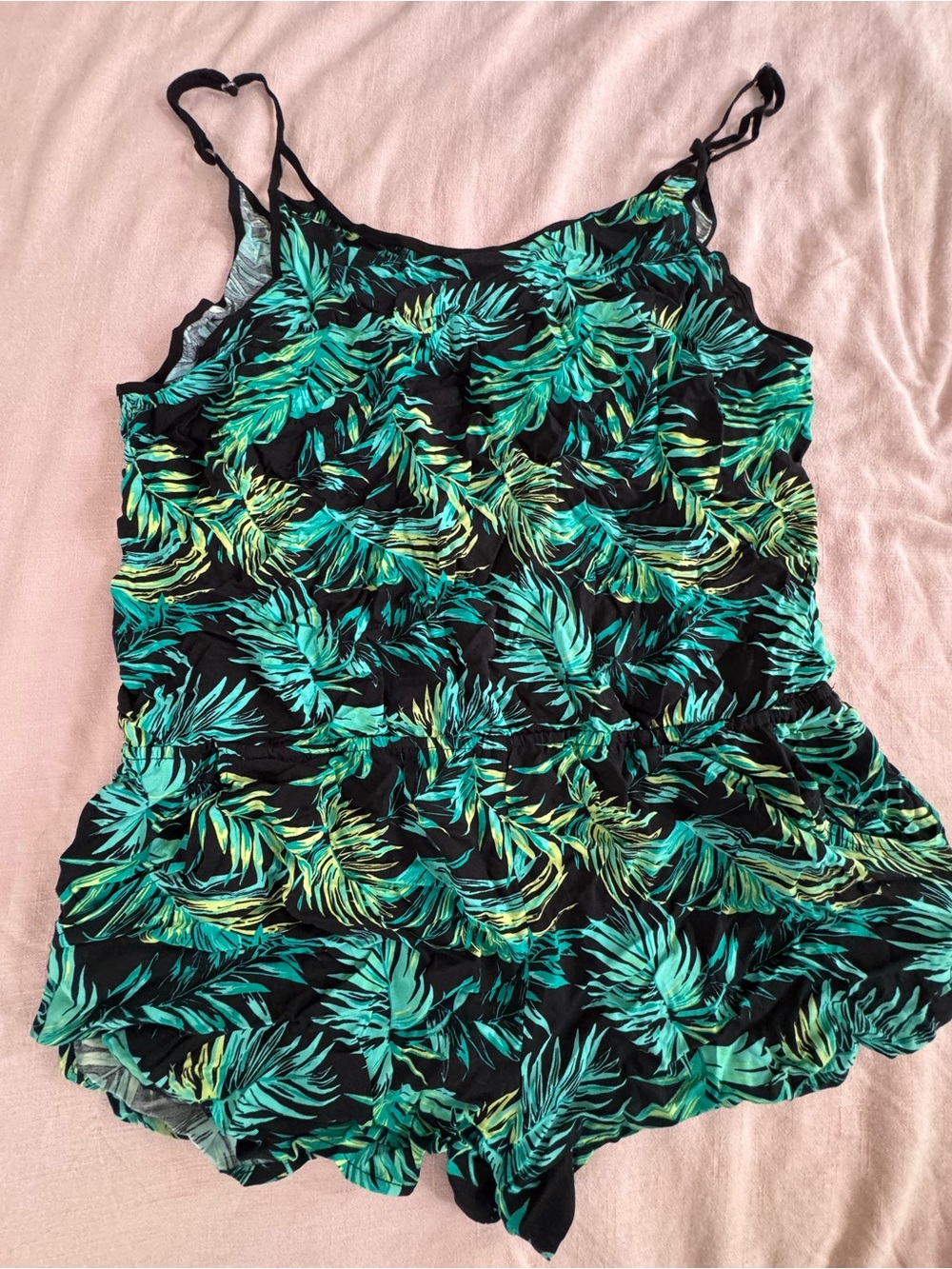 Tropical Leaf Print Women's beach coverup romper, size XL